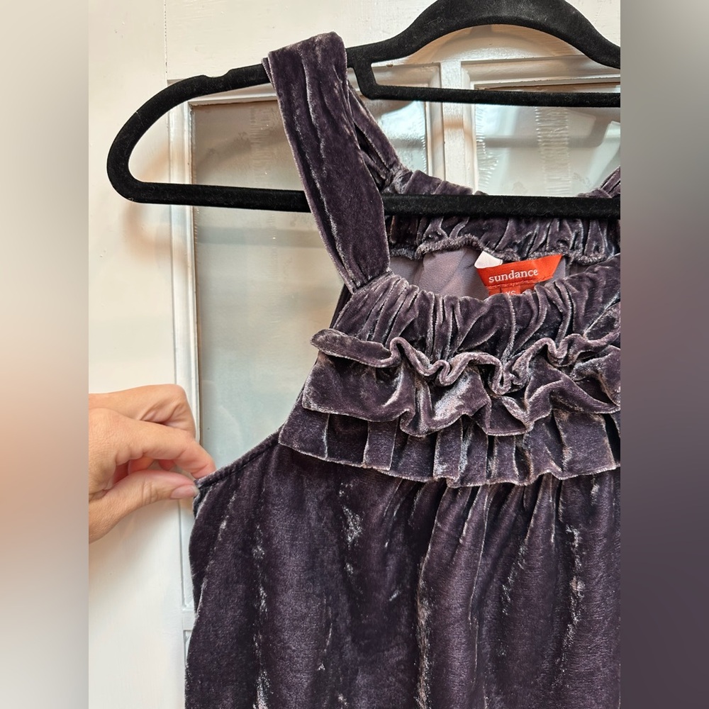 Sundance Crushed Velvet Sleeveless Halter Ruffle Metallic Purple Top Size XS - Picture 2 of 9